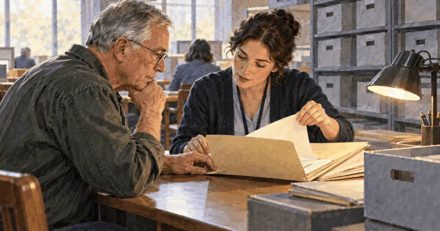 Conceptual painting of a researcher and records staff member examining a folder in an archives reading room.