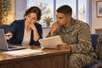 A servicemember and caseworker review service-status records at a desk.