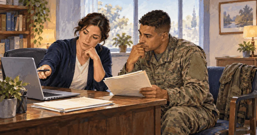 A servicemember and caseworker review service-status records at a desk.
