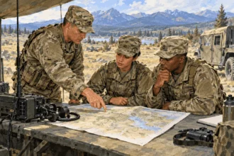 Painted illustration of Army personnel coordinating a field training task.