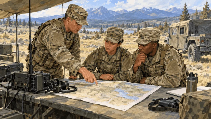 Painted illustration of Army personnel coordinating a field training task.