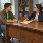 Painted illustration of a service member discussing separation paperwork with a counselor.