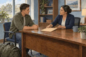 Painted illustration of a service member discussing separation paperwork with a counselor.