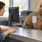 Painted illustration of a civilian asking an access clerk about visiting a military base.