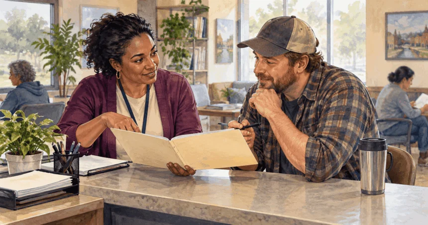 Painted illustration of a caseworker and adult client sit at a community service counter discussing a blank folder, with the client taking an active role.