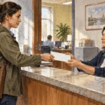 Painted illustration of a worker handing a sealed report to an intake clerk.