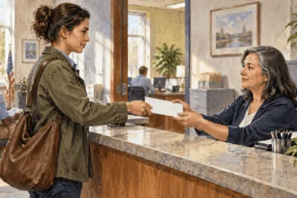 Painted illustration of a worker handing a sealed report to an intake clerk.