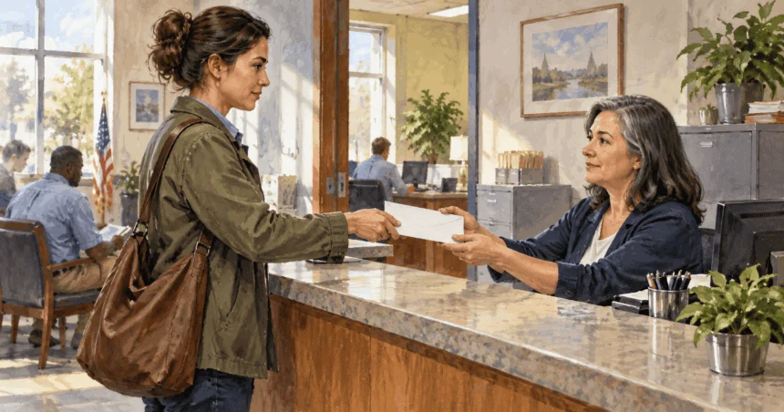 Painted illustration of a worker handing a sealed report to an intake clerk.