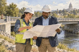 Conceptual painting of two public officials reviewing an unmarked plan near a small bridge.