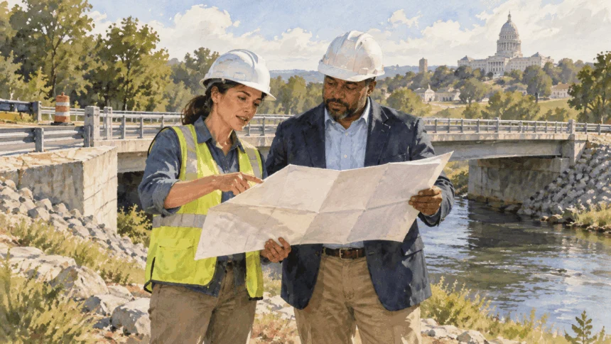 Conceptual painting of two public officials reviewing an unmarked plan near a small bridge.