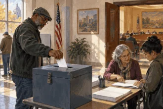 A voter places a ballot in a box near a council chamber and other voters.
