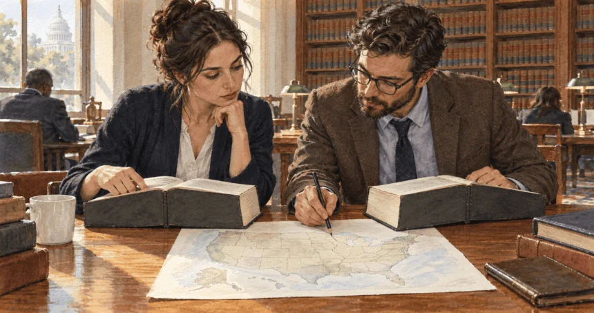 Conceptual painting of legal researchers comparing sources of federal power.