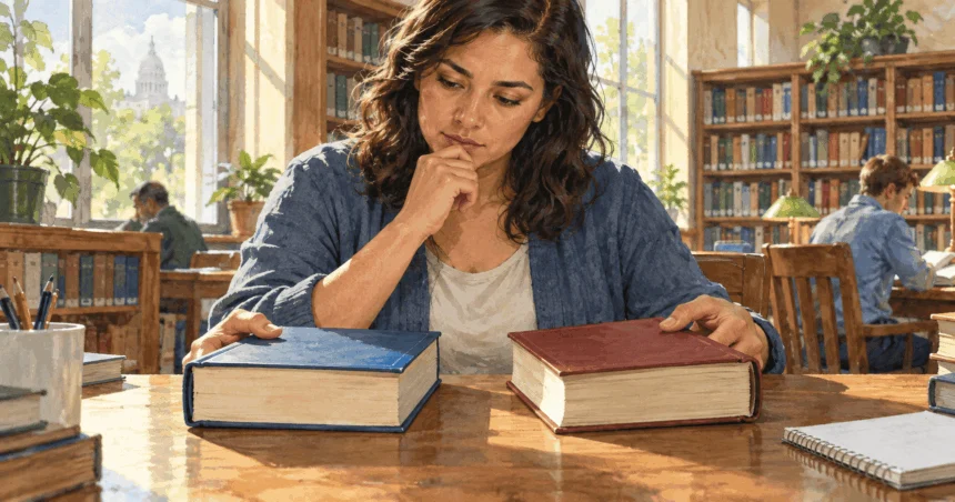 Painted illustration of a reader comparing two law books in a library.