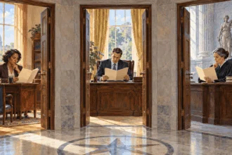 Painted scene of officials in separate government roles considering a shared decision.