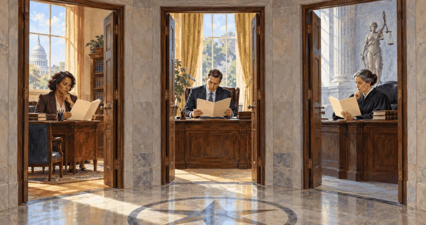 Painted scene of officials in separate government roles considering a shared decision.