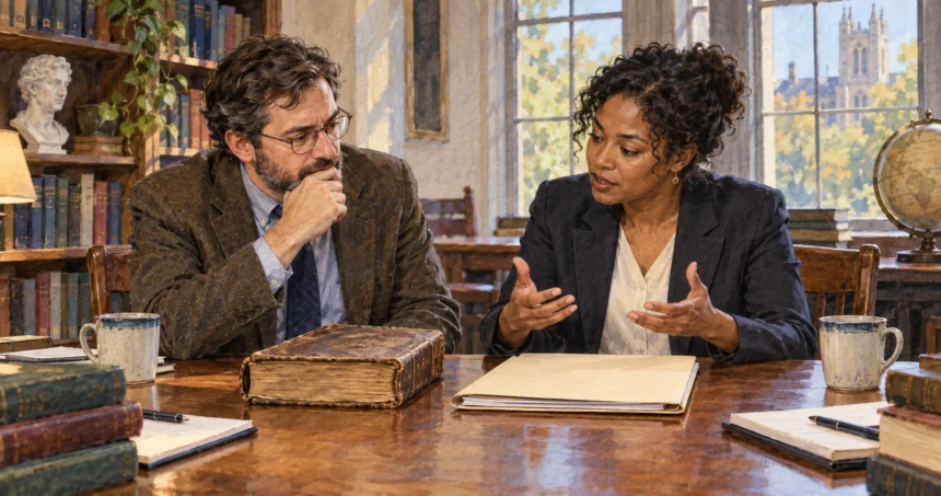 Two legal scholars compare an old book with a modern legal folder.