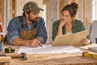 Independent contractor and client reviewing a job contract.