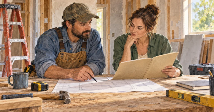 Independent contractor and client reviewing a job contract.