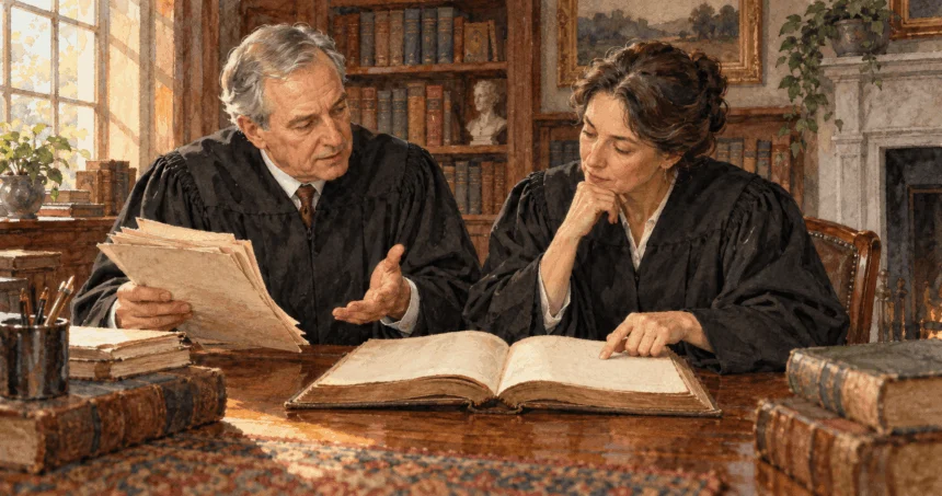 Conceptual painting of legal scholars discussing constitutional interpretation.