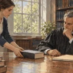 Painted illustration of a court clerk bringing a law book to a judge reviewing a case folder.