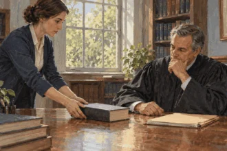 Painted illustration of a court clerk bringing a law book to a judge reviewing a case folder.