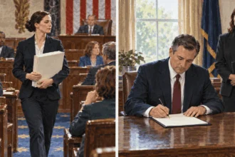 Conceptual two-scene painting of a congressional bill and a presidential executive directive.