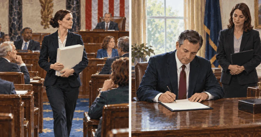 Conceptual two-scene painting of a congressional bill and a presidential executive directive.