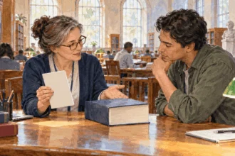 Conceptual painting of a librarian showing a visitor two formats of federal law in a reading room.