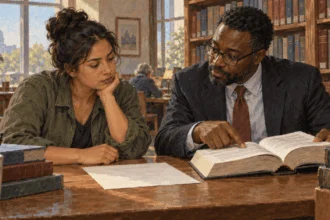 Painted illustration of a person discussing a notice with a legal-aid attorney.
