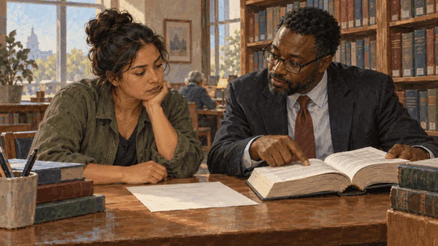 Painted illustration of a person discussing a notice with a legal-aid attorney.