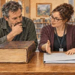 Conceptual painting of a reader comparing a law book with a rule binder.