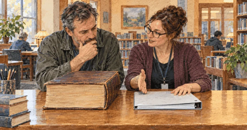 Conceptual painting of a reader comparing a law book with a rule binder.