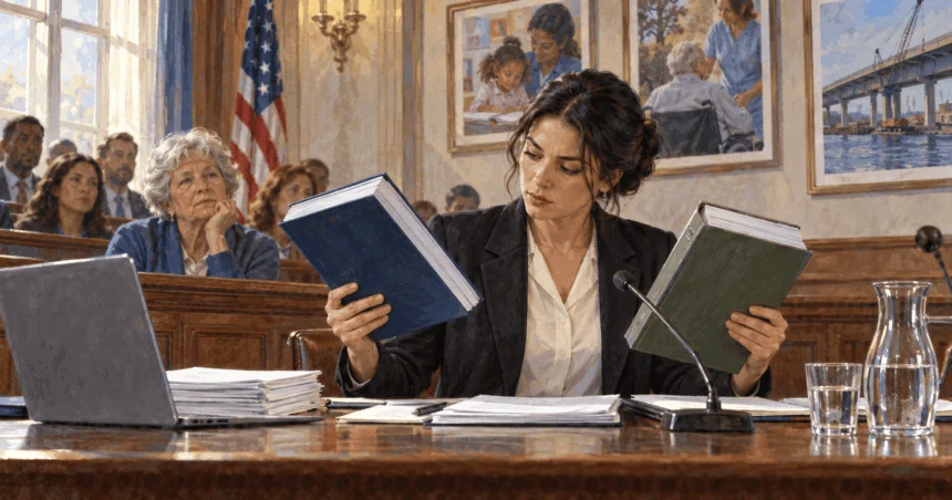 Conceptual painting of a budget staffer comparing two bound volumes at a hearing.
