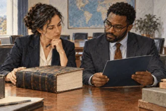 Public-law specialists compare a treaty volume and an agreement folder.