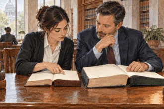 Conceptual painting of legal workers comparing federal and state law volumes.