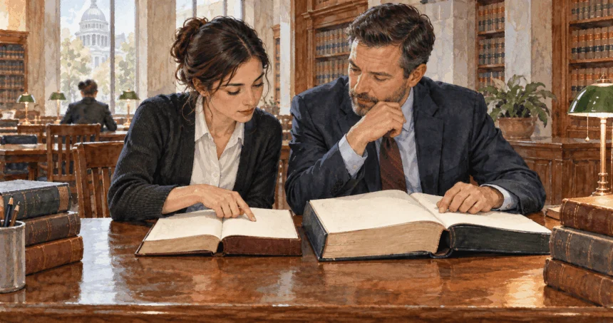 Conceptual painting of legal workers comparing federal and state law volumes.