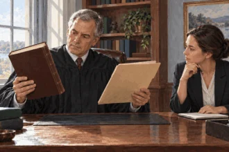 Conceptual painting of a judge and clerk consulting an unmarked law volume.