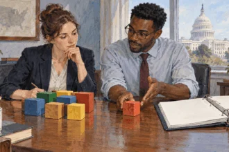 Conceptual painting of budget staff comparing a grouped allocation with a specific item.