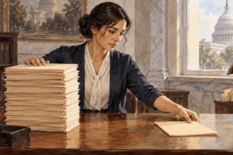 Conceptual watercolor of a congressional clerk sorting a stack and a single blank proposal folder.