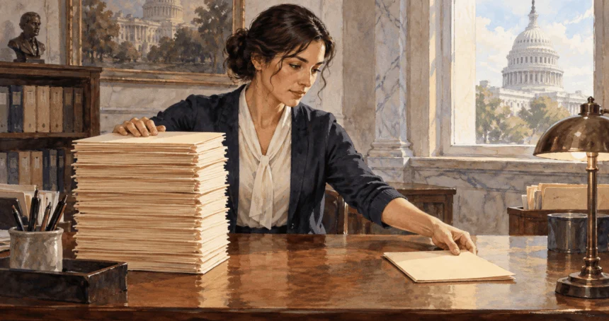 Conceptual watercolor of a congressional clerk sorting a stack and a single blank proposal folder.