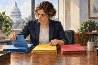 Conceptual watercolor of a congressional clerk sorting three blank resolution folders.