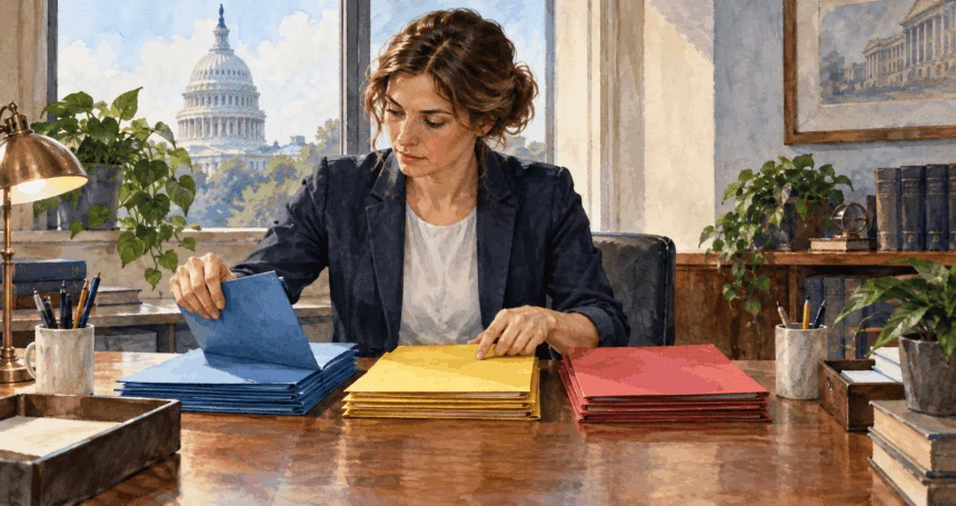 Conceptual watercolor of a congressional clerk sorting three blank resolution folders.