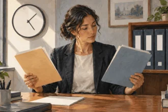 Conceptual painting of a legislative aide comparing temporary and continuing policy folders.