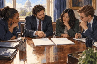 Conceptual painting of congressional staff comparing bill drafts at a committee table.