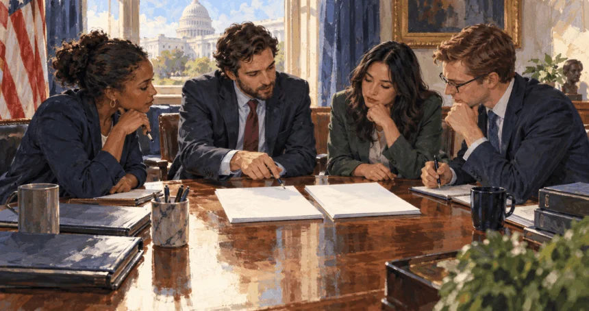 Conceptual painting of congressional staff comparing bill drafts at a committee table.