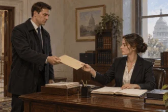 A courier returns a bill folder to congressional staff for review.