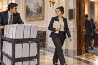 Clerk wheels many bill binders while colleague carries a slim single folder.