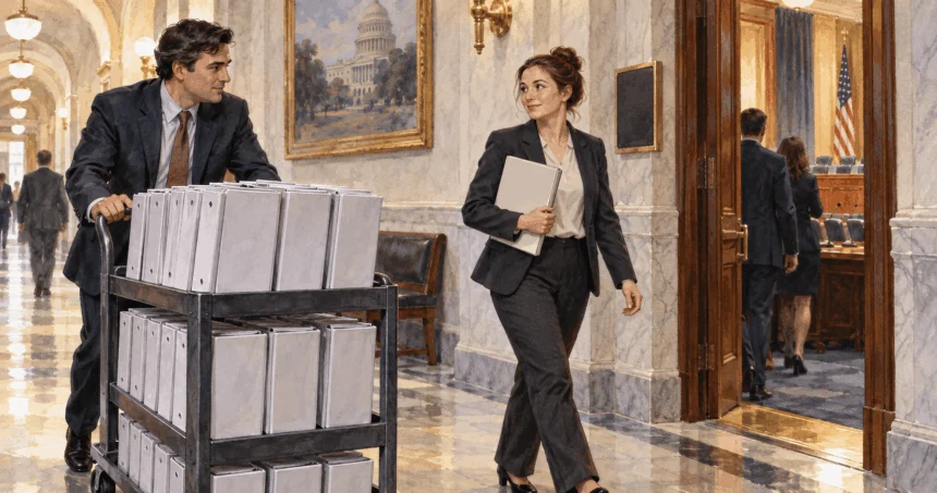 Clerk wheels many bill binders while colleague carries a slim single folder.