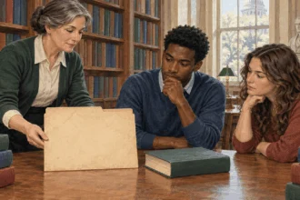 Conceptual painting of students comparing a statute book with legislative records.