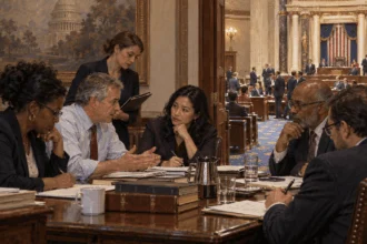 A committee discusses a bill while a larger chamber prepares for debate.